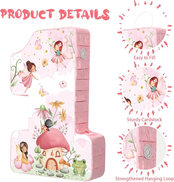 Blosssound Fairy Piñata Fairy 1st Birthday Decorations Supplies Flower Number One Princess Piñata Set with Stick Blindfold for Wonderland Garden Theme Baby Shower Celebration Decor(Birthday)