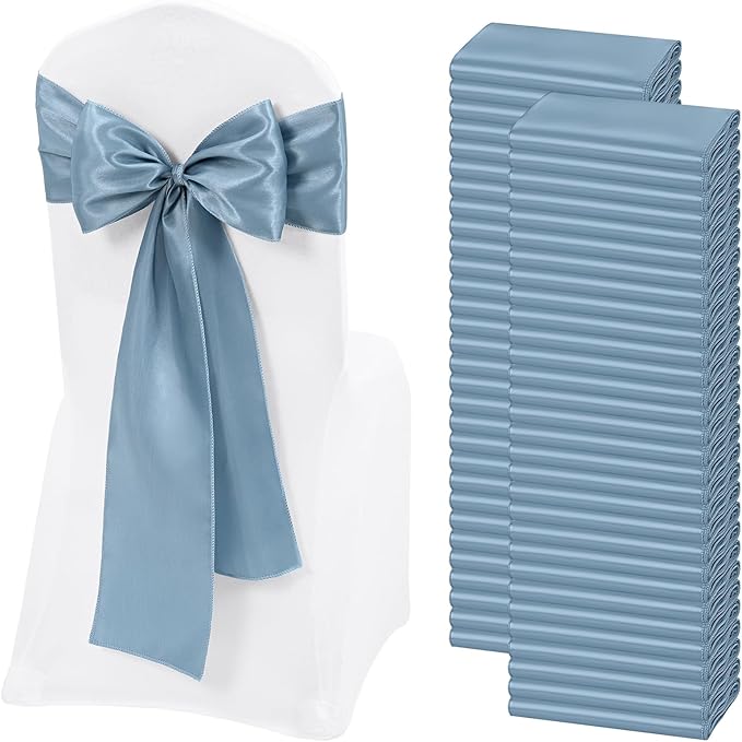 60 PCS Dusty Blue Satin Chair Sashes, Ties Bows Designed Chairs Decorative, Chair Cover Sashes for Thanksgiving Wedding Christmas Banquet Party Home Kitchen Decoration (7 x 108 inch)