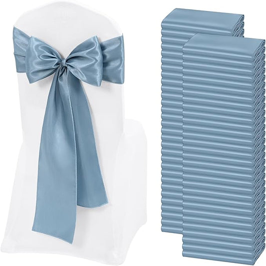 60 PCS Dusty Blue Satin Chair Sashes, Ties Bows Designed Chairs Decorative, Chair Cover Sashes for Thanksgiving Wedding Christmas Banquet Party Home Kitchen Decoration (7 x 108 inch)