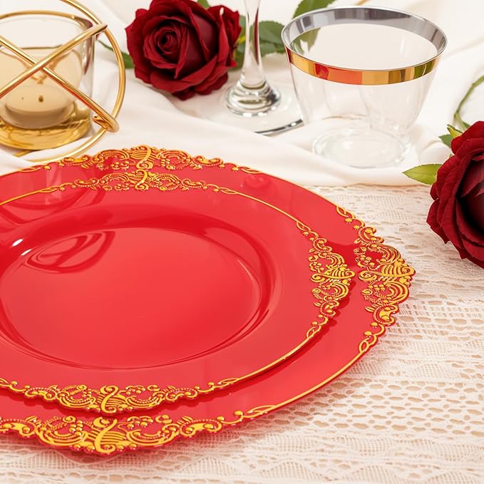 Nervure 100PCS Red and Gold Plastic Plates - 10.25inch Red Disposable Plates - Heavyweight Dinner Plate for Wedding & Party & Mothers Day