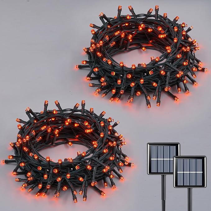 QITONG Solar Halloween String Lights, 2 Pack Each 33ft 100 LED Orange Fairy Lights Outdoor Waterproof, Green Wire Twinkle Light with 8 Modes for Outside Halloween Party Decor