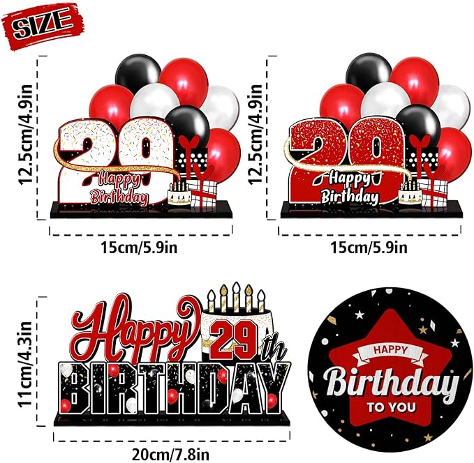 LINGTEER Happy 29th Birthday Red Acrylic Table Topper Centerpieces Set - Cheers to 29 Years Old Birthday 29th Bday Party Gift Decorations.