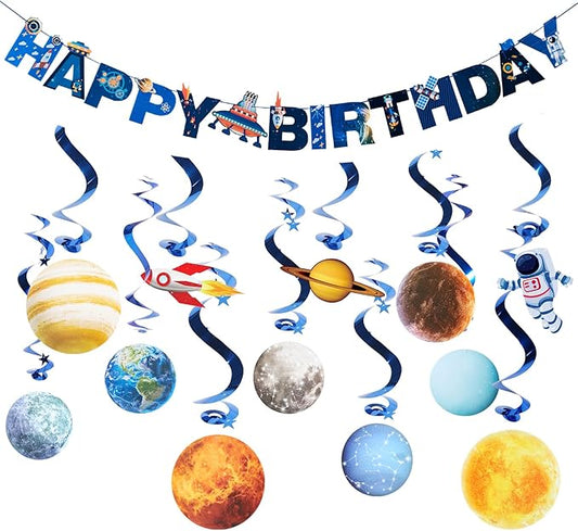 SUNBEAUTY Solar System Birthday Party Decorations Outer Space Happy Birthday Banner Planet Rocket Astronaut Hanging Swirls for Kids Baby Shower First Trip Around The Sun School Supplies
