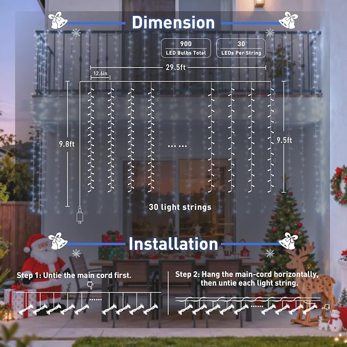 JMEXSUSS 9.5x29.5ft Curtain Lights Indoor Outdoor Decor with Remote, 900LED White Christmas Lights Plug in, Hanging String Lights for Bedroom, Wall, Window, Patio, Garden, Wedding, Reception, Backdrop