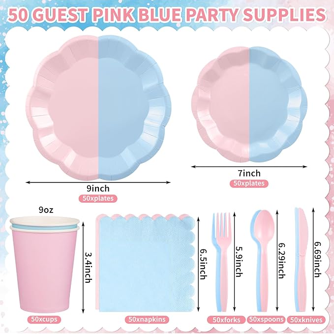 NatNarr 350 Pcs Baby Gender Reveal Party Supplies Include Scalloped Plate Napkin Cup Forks Knives, Light Pink and Light Blue Plastic Cutlery 50 Guest Disposable Party Tableware Set for Baby Shower