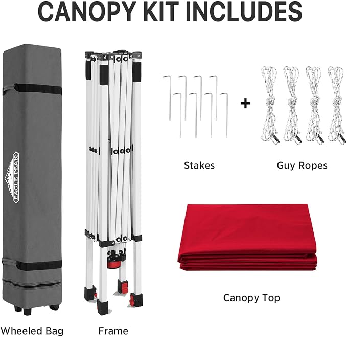 EAGLE PEAK Pop Up Canopy Tent with Wheeled Carry Bag, 8 Stakes, 4 Ropes, Easy Set Up Tent Canopy, 8x8 ft, Red