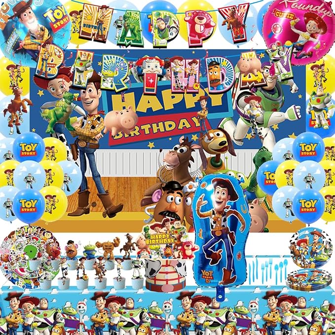 Toy theme birthday decorations,145 Pcs party supplies.Include Birthday Banner, Backdrop, Hanging Swirls, Balloons, Cupcake Toppers, Tablecloth.