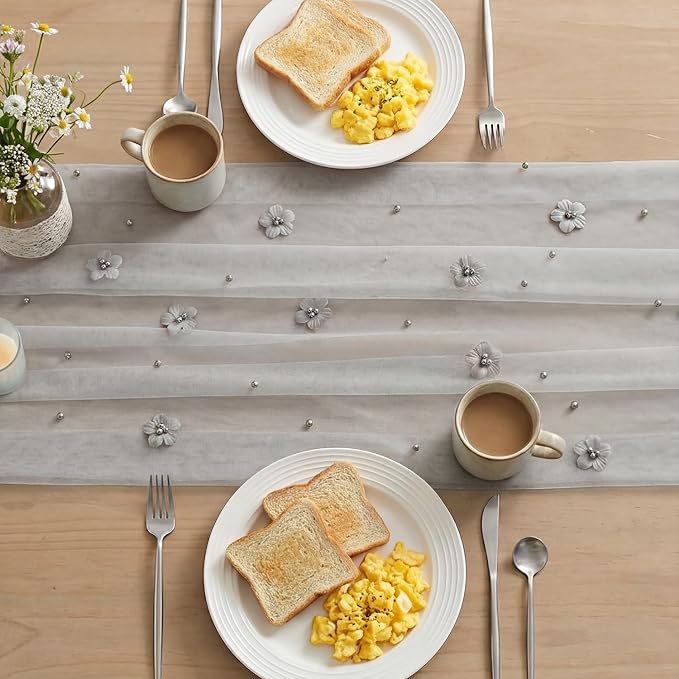 Artoid Mode Gray Flower Pearl Gray Gauze Table Runner 10FT, Seasonal Sheer Dining Holiday Wedding Birthday Baby Shower Table Decor for Home Party