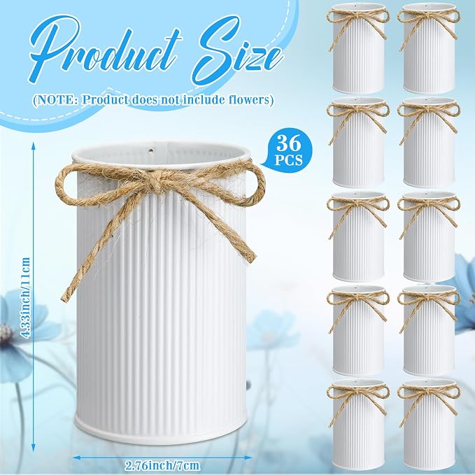 Rustic Vase for Table Centerpieces 4.33 Inch Small Petite Flower Vase with Twine Bow Vintage Farmhouse Decor for Wedding Reception Dining, Home Galvanized Metal Buckets(White,36 Pcs)