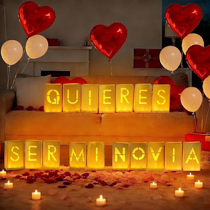 Quieres Ser Mi Novia Decorations, Light Up Letters Rose Petals LED Tea Lights Candles Latex Foil Balloons, Paper Luminary Bags for Her Proposal Anniversary Valentines' Day Decor