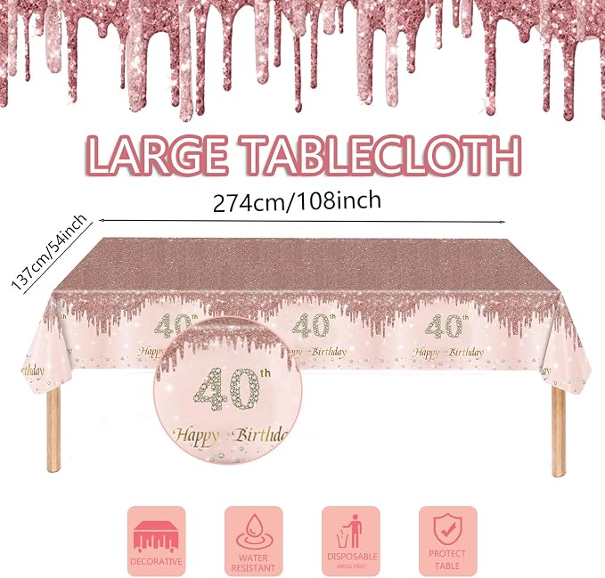121Pcs 40th Birthday Party Supplies Plates Napkins Cups Forks Tablecloth Rose Gold Happy 40th Birthday Themed Disposable Tableware Decorations Serves 24 Guests for Women 40 Years (40th rose gold)