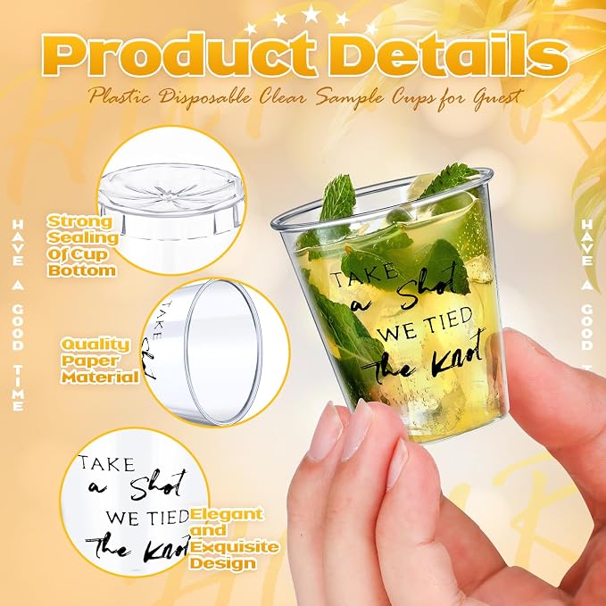 Domensi 200 Pieces Plastic Shot Clear Glasses 2 oz Take a Shot We Tied The Knot Disposable Mini Glasses Bulk Wedding Favors Cup for Weddings, Bridal Showers, Engagement Parties(Black)