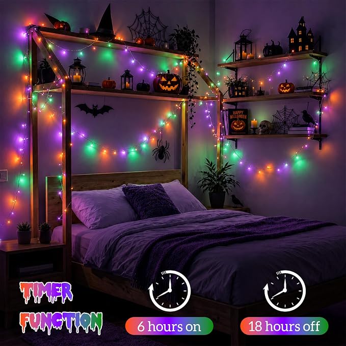 YEGUO Battery Operated Halloween Lights, 2 Pack Each 33ft 100 LED Orange Purple and Green String Lights Outdoor Waterproof, 8 Modes Clear Wire Christmas Twinkle Lights Indoor with Remote