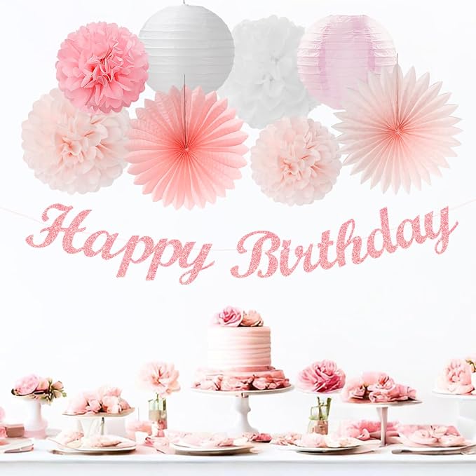 Light-Pink White Happy-Birthday Banner Party-Decorations - 31pcs 21st 30th Women Girls Paper Lanterns Streamers,Tissue Paper Flowers Pom Poms Fans Tassel Garland Decor Backdrop Supplies Hugmoon