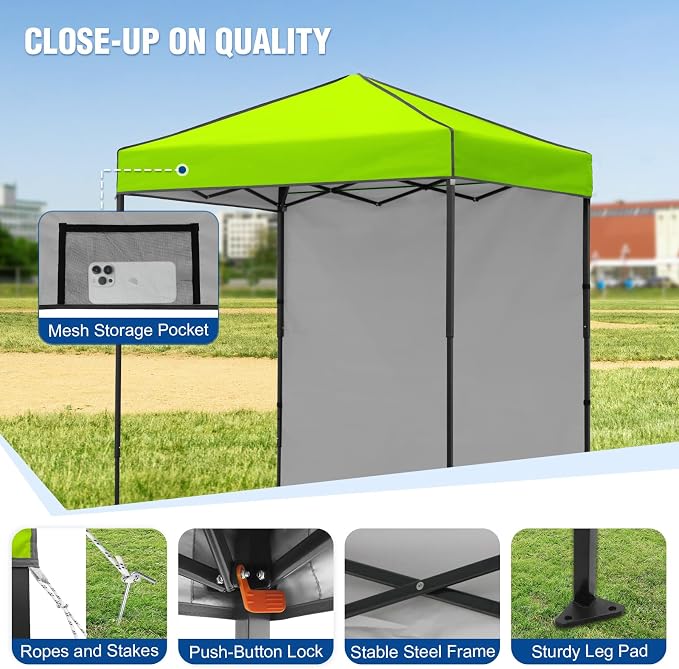 6x4 Pop Up Canopy Tent with One Wall Panel, Instant Portable Beach Canopy, Outdoor Tent with Carry Bag for Camping, Sports, Tailgating, Events, Neon Green