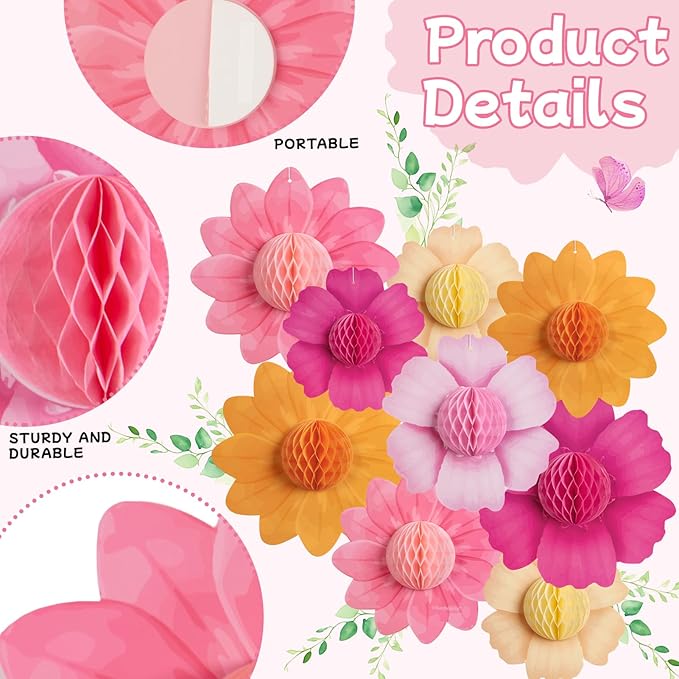 Paper Jazz Hanging Paper Flower Sunflower Honeycomb Party Decoration Pink Orange Spring Garden Themed Summer Party Supplies Large Paper Flower for Wall for Tea Party Baby Shower Wedding.