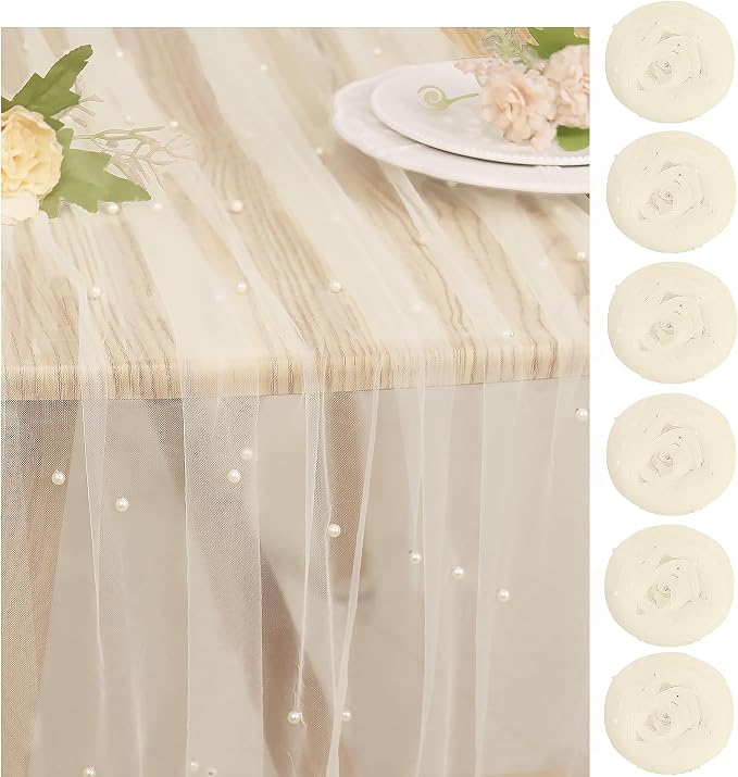 Pearl Table Runner 29 x 120 Inch Beige Tulle Fabric Lace Table Runners Boho Rustic Table Runners for Bridal Shower Birthday Party Wedding Arch Aisle Veil Dessert Table Decor(Beige)