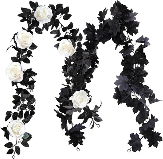 2Pcs Rose Garland 5.74 ft Rose Vines Flower Garland with Eucalyptus Leaf Vines for Table Room Party Office Indoor Outdoor Decor (White 2)