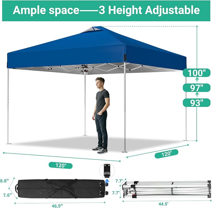 10 x 10FT Blue Pop Up Canopy Tent, Easy Setup Outdoor Portable Gazebos Shelter Sun Shade with Wheeled Carry Bag, Sandbags for Events, Party, BBQ, Backyard, Adjustable Height