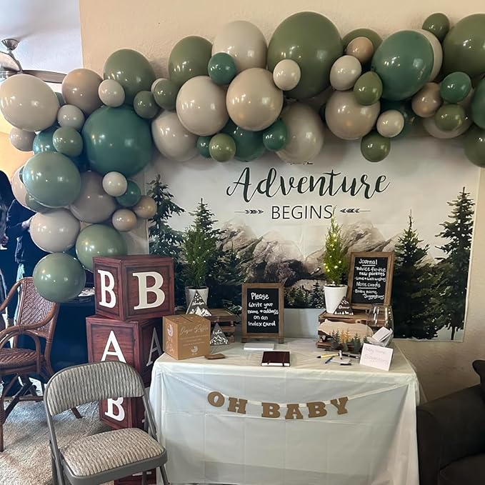 Double Stuffed Sage Green Balloons Arch, Olive Dusty Green Brown Beige Neutral Balloon Garland Kit, White Sand Apricot Tan Latex Balloon for Baby Shower Birthday Jungle Safari Party Decoration