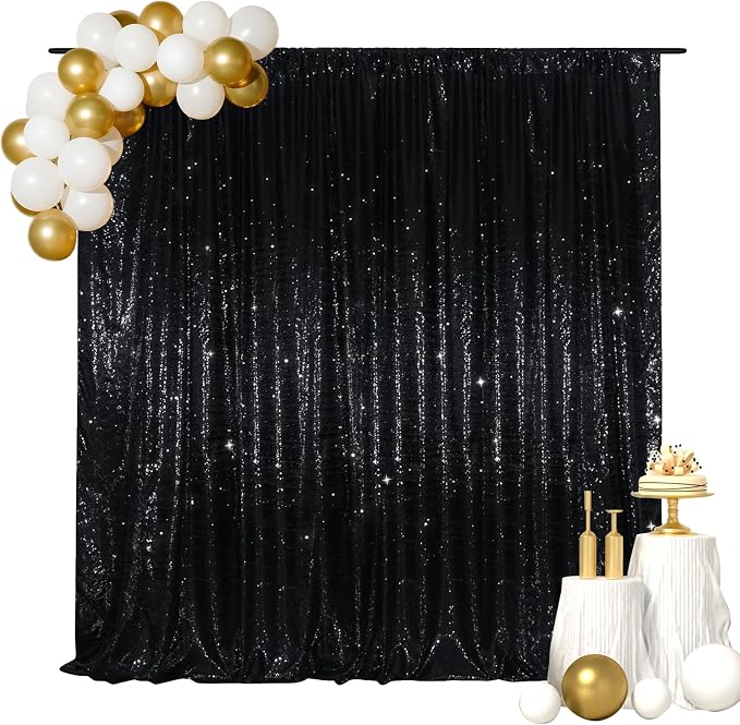 SquarePie 7x7ft Black Sequin Backdrop for Photography, Satin-Backed Real Sequin Curtain, Enhanced Coverage Shimmering Background with 4" Rod Pocket for Wedding, Birthday, Party Decor, 1 Panel