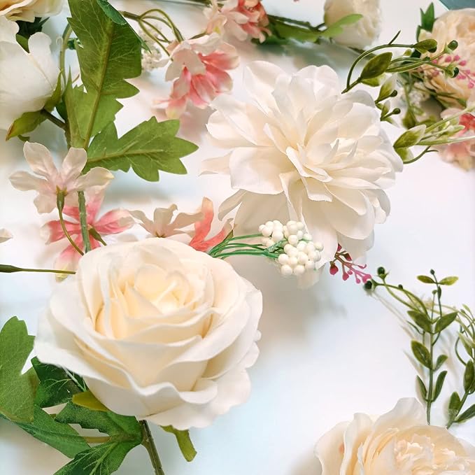 Artificial Peony Garland, 180cm/6FT Length, Fake Rose Vines, Center Flower Decoration, Hanging Silk Flowers for Wedding Decor Home Table Runner Mantle Party Decor (Champagne Peony Garland)