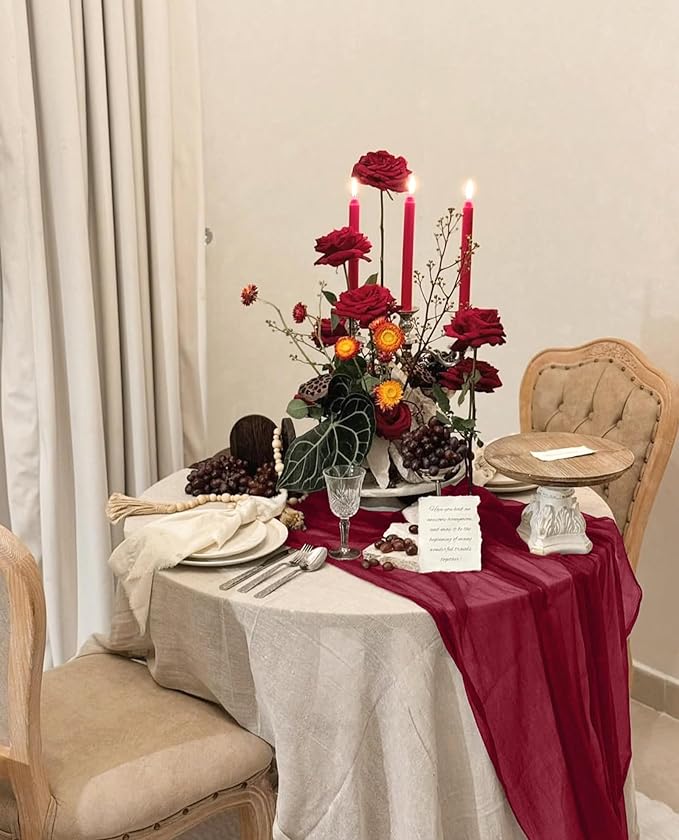 12 Pack Burgundy Cheesecloth Table Runner 10FT Boho Gauze Cheese Cloth Table Runner Rustic Sheer Fabric Table Runners for Wedding Bridal Shower Baby Shower Party(21.5×120 Inch)