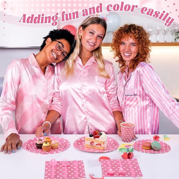 Funnymoom 400 Pcs Pink Polka Dot Party Supplies for 50 Guests White Polka Dot Paper Plates and Napkins Knives Spoon Fork Cup Set Cutlery for Birthday Wedding Bridal Shower Pink Girl