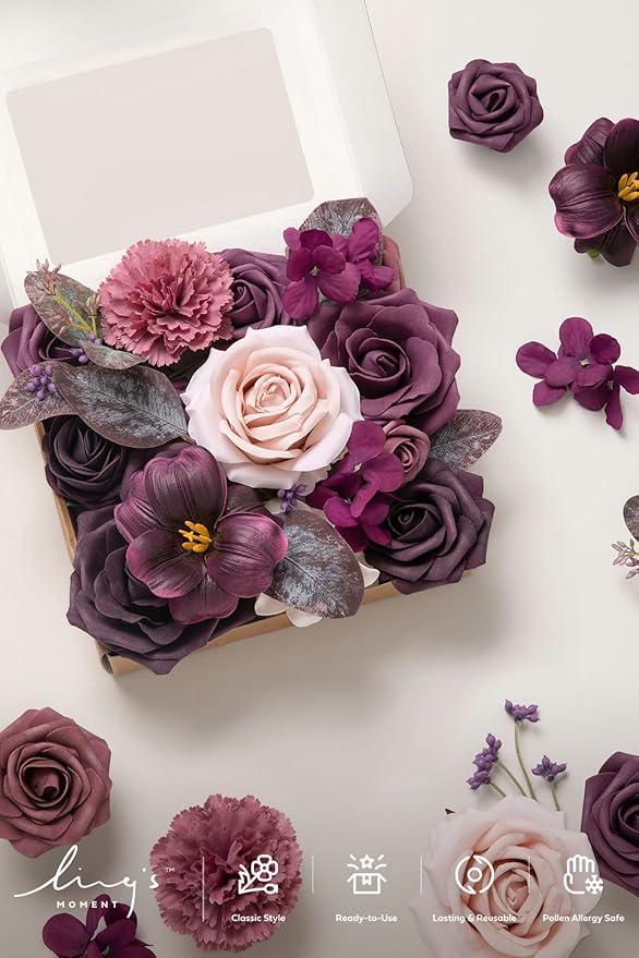 Ling's moment Fake Flowers Box, Faux Artificial Greenery Stems Foam Roses Tulip Silk Hydrangea Eucalyptus Fabic Flower for Centerpieces Bouquet Wedding Vase Decorations, Plum & Plum Lily, Mini Combo