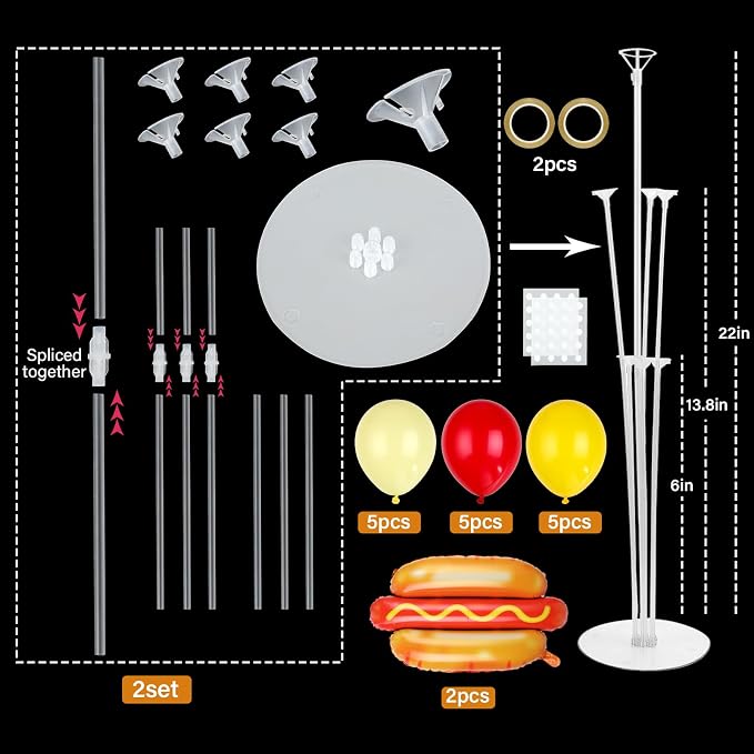 Hot Dog Party Balloons Stand Kit 2 Sets with 2 Food Shaped Foil Balloons Picnic Burger Themed Balloon Centerpiece for Tables for BBQ Birthday Party Supplies Baby Shower Hot Dog Themed Decorations