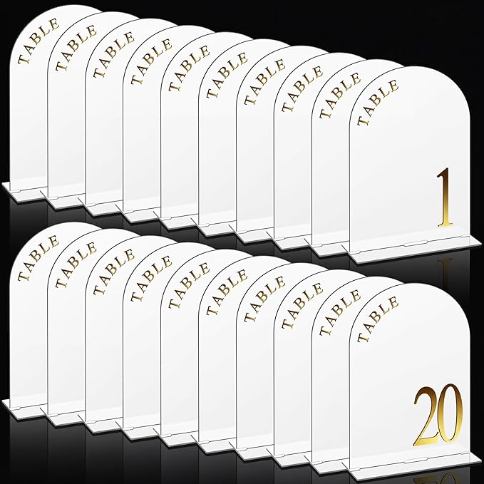 AceOrbit White Wedding Table Numbers 1-20 with Stands 5" x 7" White Acrylic Wedding Signs with Holder Elegant Arch Numbered Signage Tabletop Reception Sign for Anniversary, Banquet, Event Decor