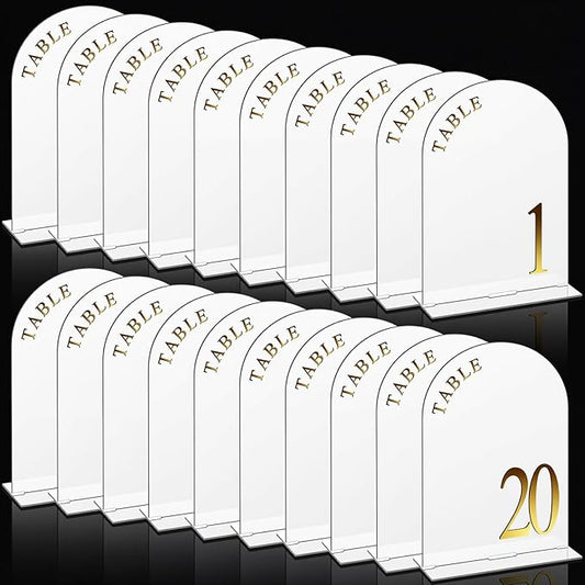 AceOrbit White Wedding Table Numbers 1-20 with Stands 5" x 7" White Acrylic Wedding Signs with Holder Elegant Arch Numbered Signage Tabletop Reception Sign for Anniversary, Banquet, Event Decor