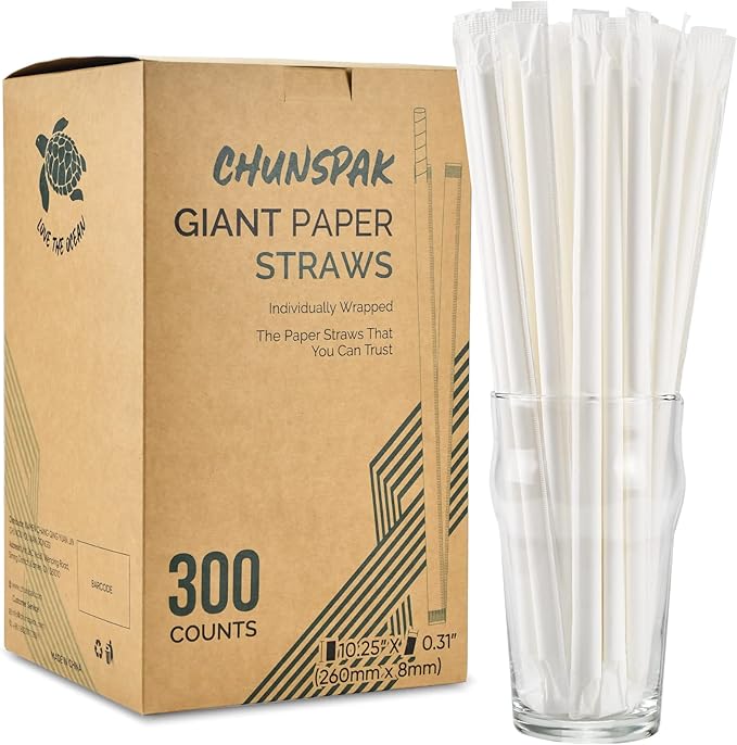 [300 Pack] Biodegradable 10 Inch Long Giant Paper Drinking Straws 8mm Wide - Individually Wrapped, Plain White