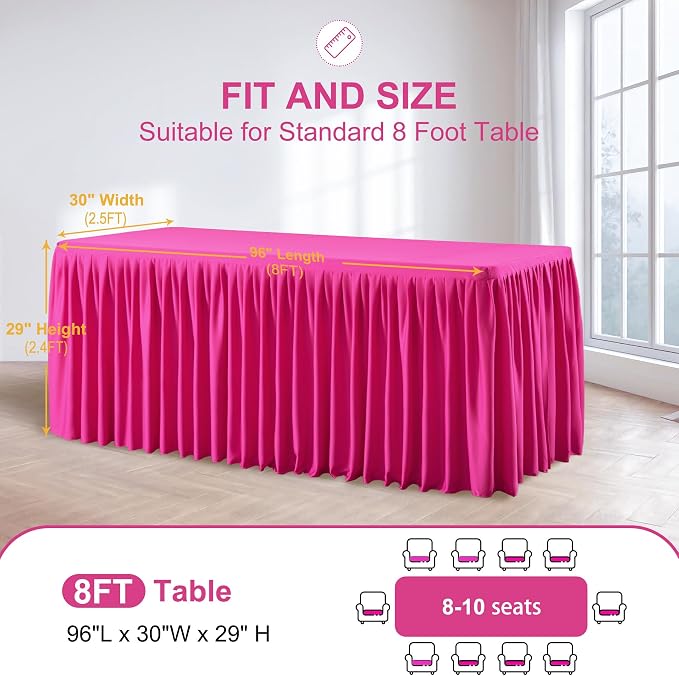 Wish Care 6 Pack Hot Pink Rectangle Table Clothes for 8 Foot Tables, Polyester Fitted Tablecloths 8ft Stretch Table Cover for Wedding, Birthday, Parties, Trade Show, Craft Show