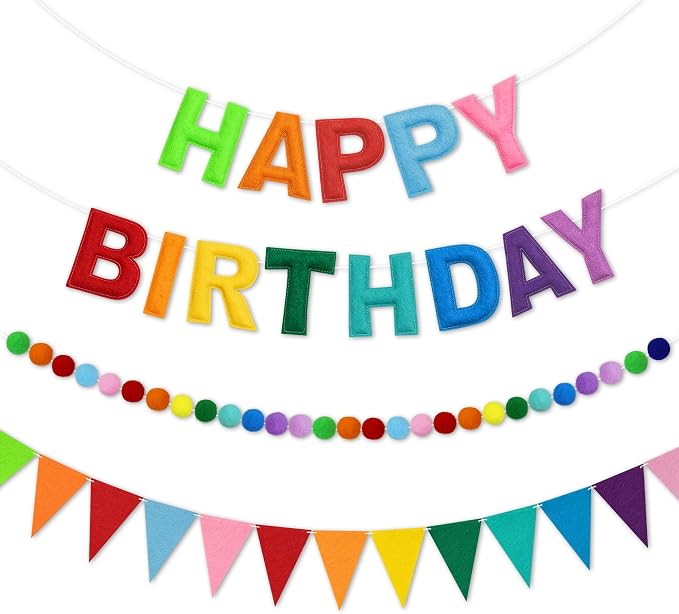 Happy Birthday Banner Set, Pre-Strung 3D Felt Birthday Banner with Pom Pom Garland and Triangle Bunting, Reusable Colorful Birthday Decorations for Party Backdrop Decor