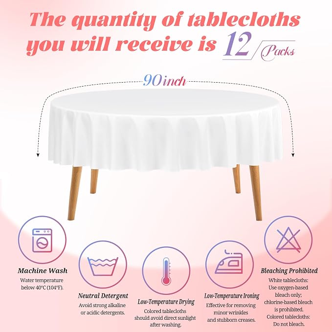 Teruntrue 12 Packs White Round Tablecloths 90 inch Round Table Cloth, Washable Polyester Fabric for Wedding Parties Banquet Holiday Dinner Table Decorative, White