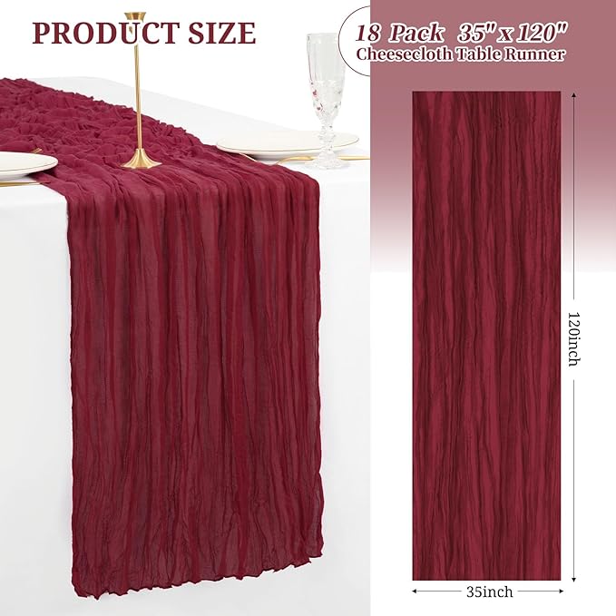 18 Pack Christmas Table Runner 10FT Burgundy Cheesecloth Table Runner 35 x 120 Inch Long Semi-Sheer Gauze Fabric Boho or Rustic Wedding Table Decor for Bridal Shower Baby Shower Holiday Party