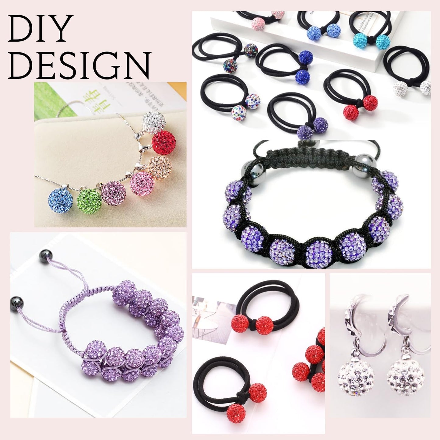 100 pcs 10mm Rhinestone Beads for Jewelry Making, Light Peach Shiny Round Shamballa Disco Beads Bulk, Sparkle Crystal Clay Christmas for Bracelet Baseball Necklace Earring Crafting and DIY