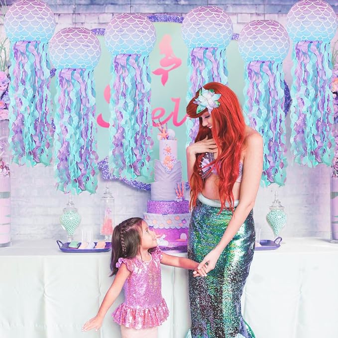 Mermaid Party Decorations, Jellyfish Paper Lanterns Mermaid Scales Hanging Lantern for Mermaid Birthday Party Baby Shower Under The Sea Ocean Decorations Pack of 8