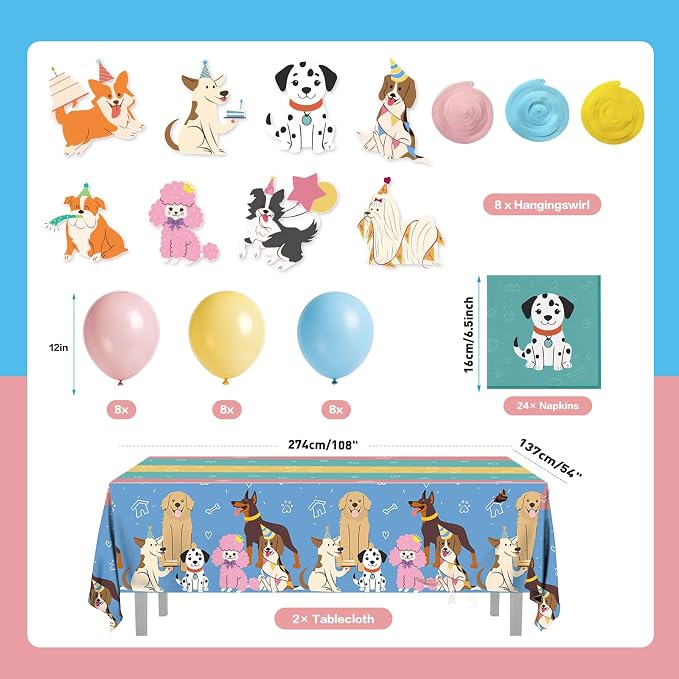 203pcs Retro Puppy Party Decorations Plates Napkins Pet Dog Birthday Party Supplies Retro Puppy Paper Cups Balloon Banner Hanging Swirls Tablecloths for Disposable Dog Birthday Tableware Set Serve 24