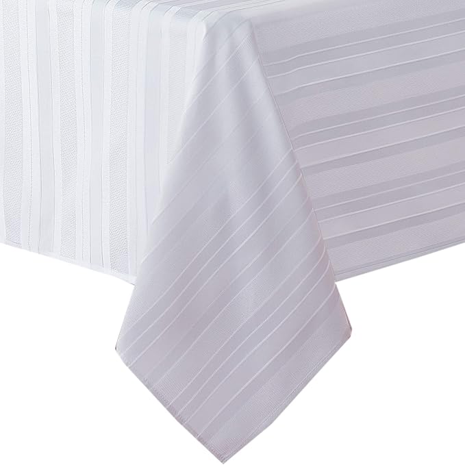 Newbridge 70 Inch Round White Fabric Tablecloth, Denley Satin Stripe, Heavy Weight No Iron Polyester Holiday Dining & Party Table Cover