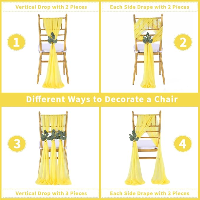 QueenDream Yellow Chair Sashes Wedding Aisle Decorations: 24 Packs 8ft Long Draping Fabric Sheer Church Chair Cover Bulk for Party Banquet
