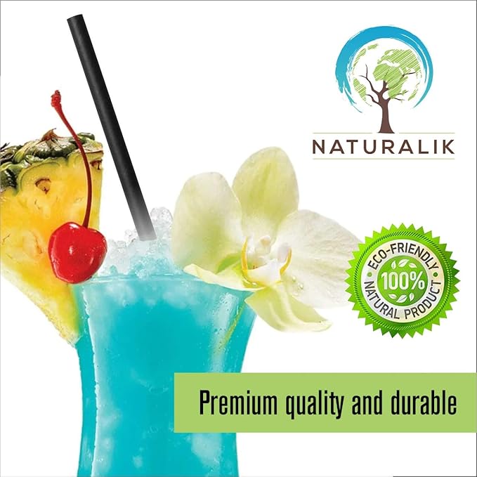 Naturalik 300-Pack Black Individually Wrapped Paper Straws - 100% Biodegradable Premium Paper Straws Bulk - Drinking Straws for Juices, Smoothies, Restaurants (Regular 7.7", Black)