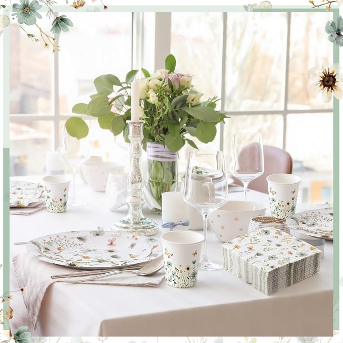 Ziliny 250 Pcs Wildflower Party Decorations Include Spring Summer Floral Paper Plates Napkins and Cups for Wildflower Baby Shower Tea Decorations, Serve 50 Guest (Green, Spring Style)