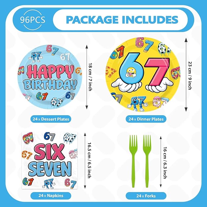 96Pcs 6 7 Birthday Decorations 6-7 Birthday Plates and Napkins Six Seven Themed Disposable Paper Tableware Set for Kids Boys Girls I was 6 Now Im 7 Party Supplies Serves 24