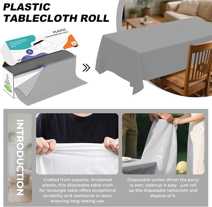 54IN X 320FT Plastic Table Cover Roll with Cutter Box, Cut to Size Plastic Table Cloths for Parties, Birthday, Disposable Tablecloth Roll for All Shape Tables (Silver Grey, 54 Inch X 320 Feet)