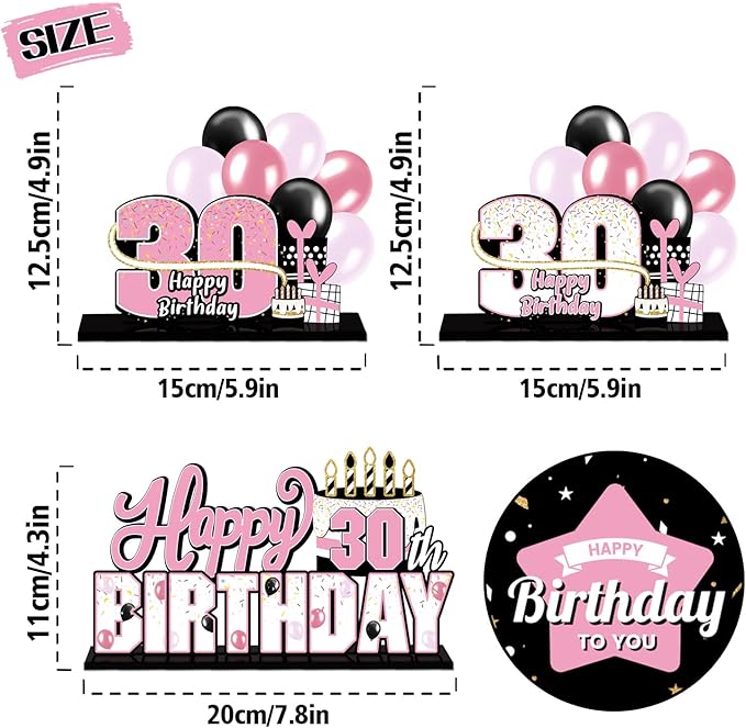 LINGTEER Happy 30th Birthday Pink Acrylic Table Topper Centerpieces Set - Cheers to 30 Years Old Birthday Thirty Bday Party Gift Decorations.