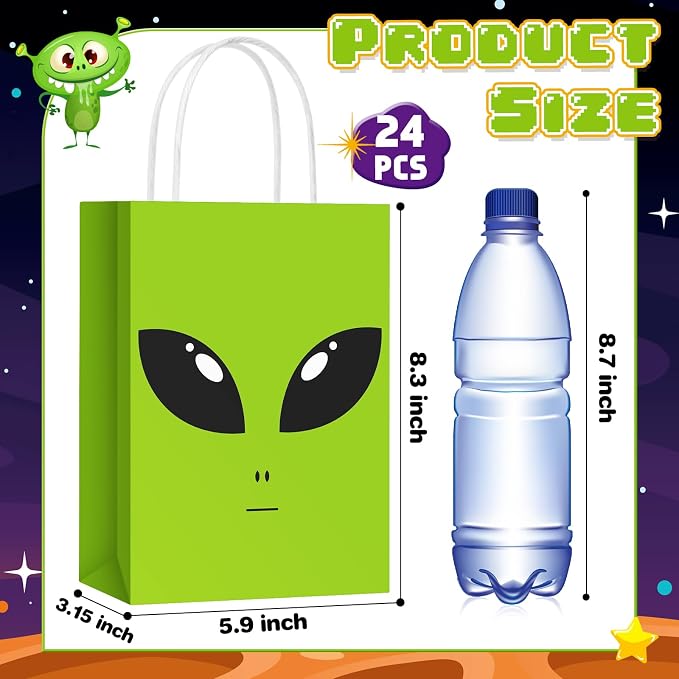 Tosstuki 24 Pcs Alien Gift Bags Alien Birthday Decoration Ufo Aliens Party Paper Bags with Handles for Kids Boys Girls Birthday Space Theme Celebrations Events Supplies