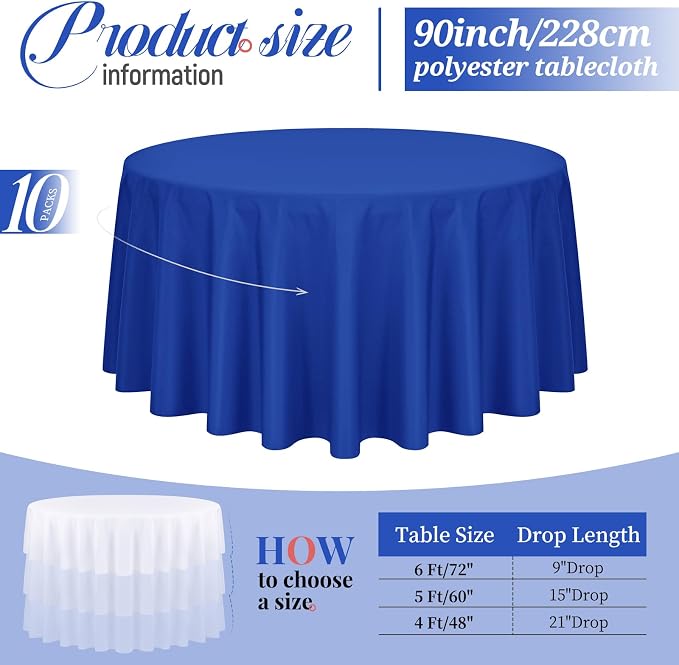 10 Pack Royal Blue Round Tablecloths 90 Inch, Polyester Round Table Cloth Circle Bulk Linen Washable Table Cloth Stain and Wrinkle Resistant Circle Table Cover for Wedding Party Dining Banquet