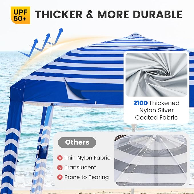 Zeraty Beach Cabana 8'×8', Portable Beach Canopy with Side Wall, UPF 50+ Silver-Coated Beach Tent Sun Shelter Easy Pop Up, Wind Resistant Adjustable Height Beach Umbrella Tent for Family, Navy Blue